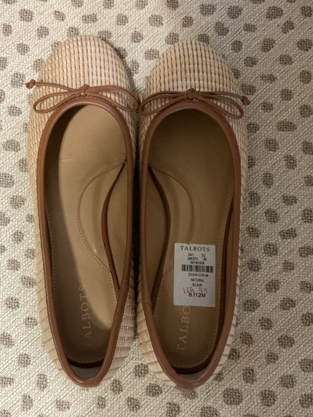 NWT Talbots Tan Woven Leather-Trim Ballet Flats 81/2